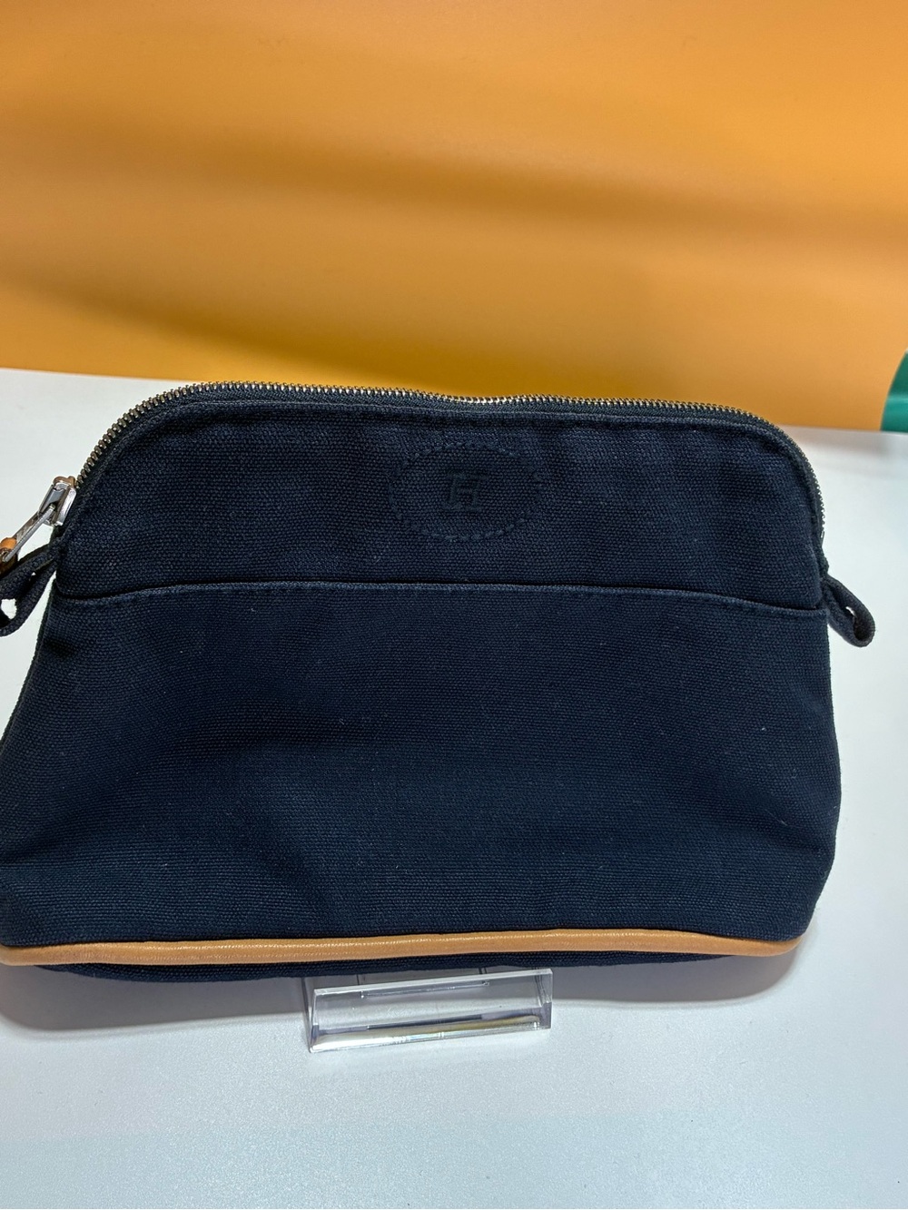 Hermes Black Canvas Cosmetic Pouch with Tan Trim
